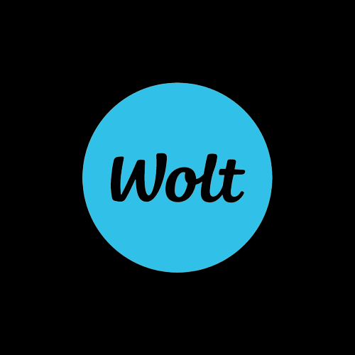 Wolt logo med link til direkte bestilling af vare online hjem til dig